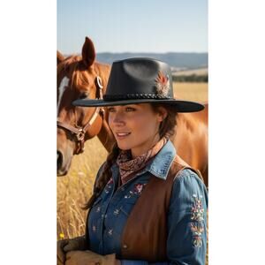 Vintage Leather Cowboy Hat Feather Western Unisex Small USA Made